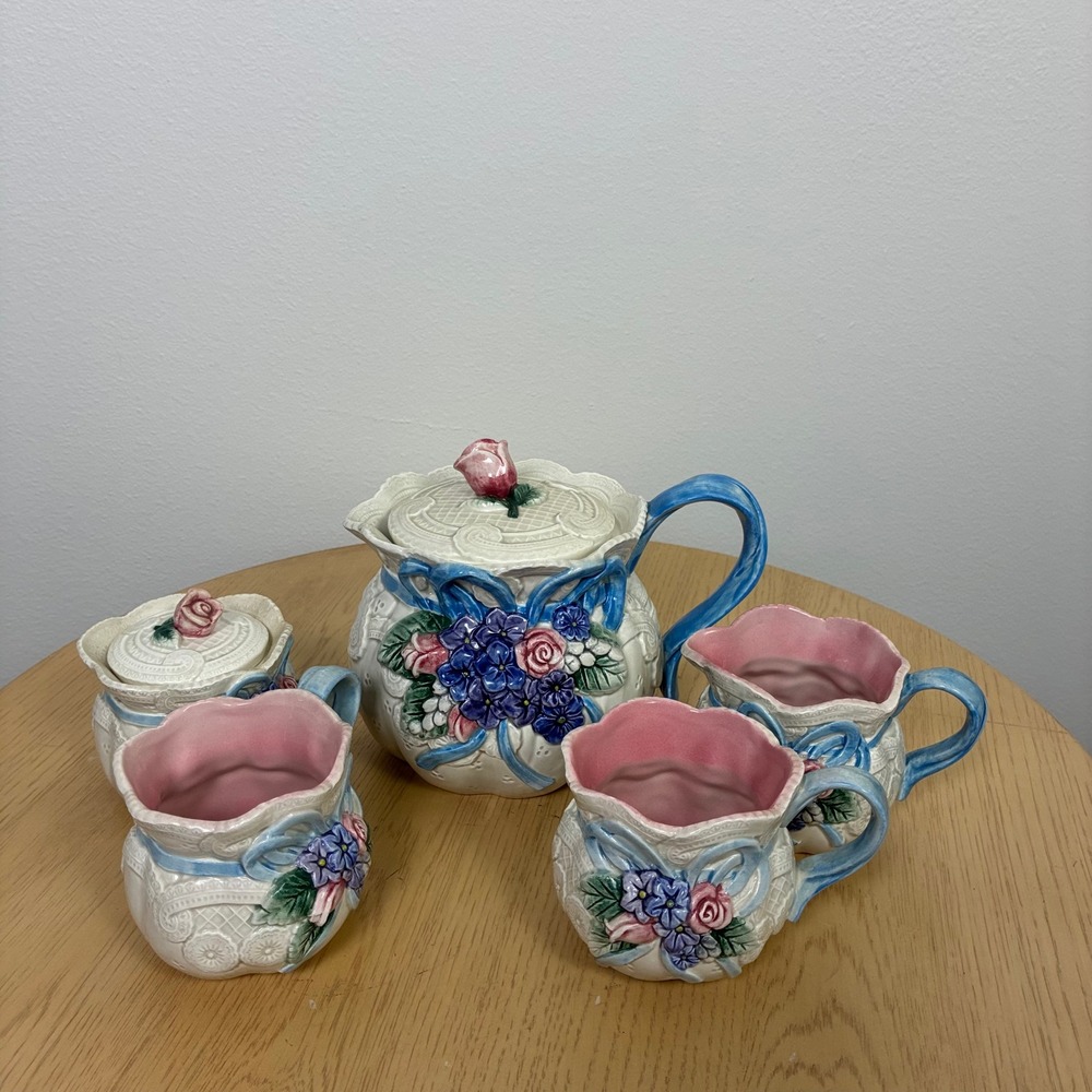 Fitz & Floyd Floral Ceramic Tea Set 5pc Rose Teapot Sugar Creamer Mugs Cottage